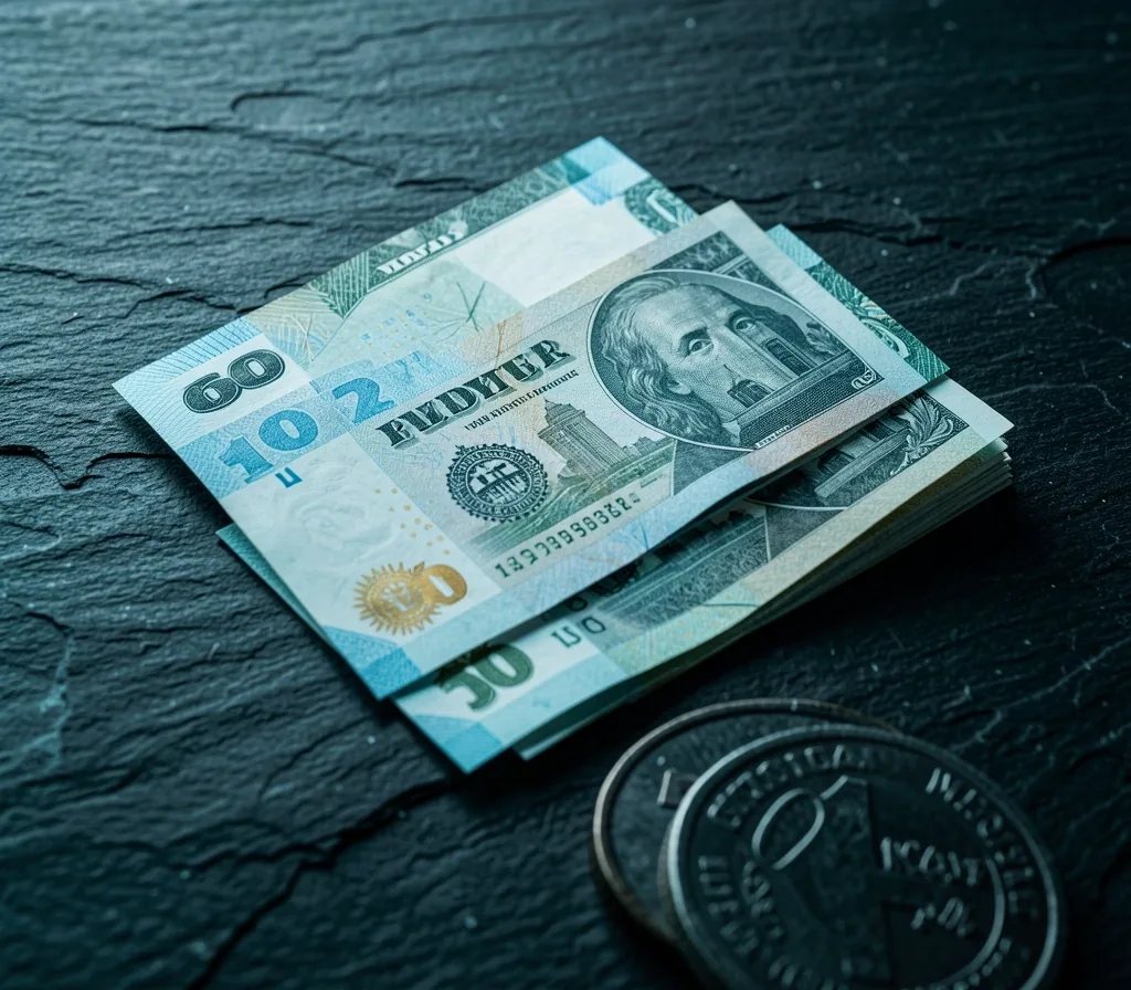 Billetes de pesos argentinos y dólares sobre superficie oscura