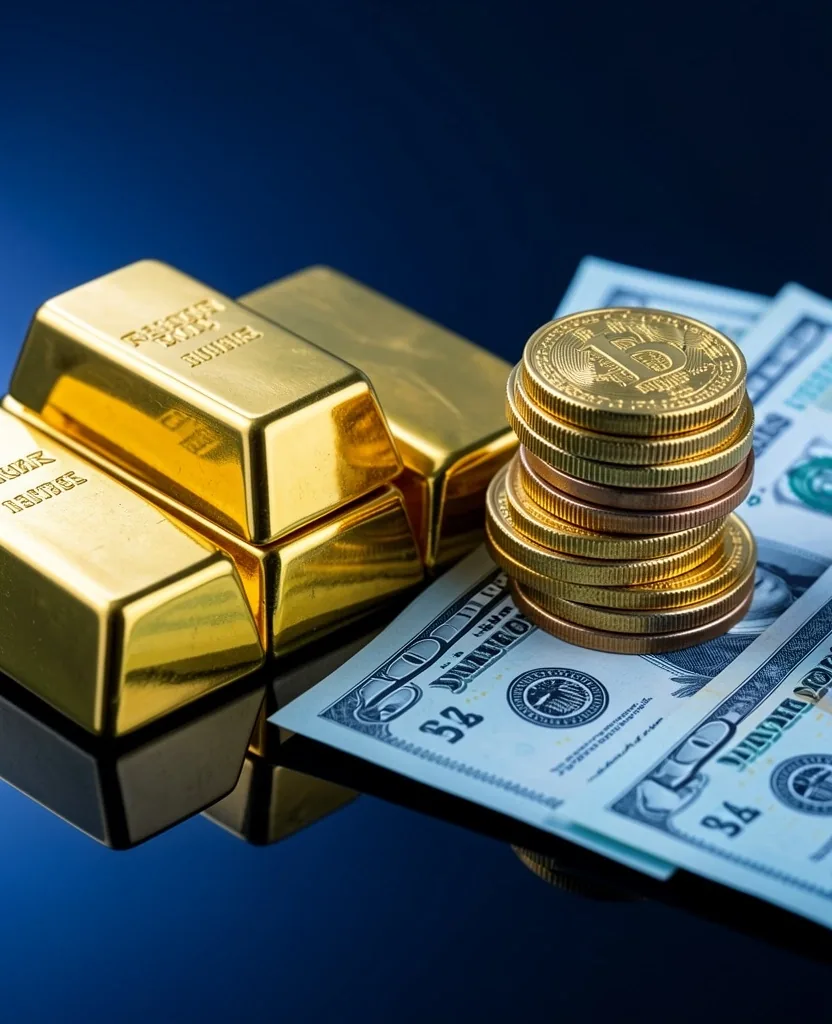 Monedas y lingotes de oro junto a dólares
