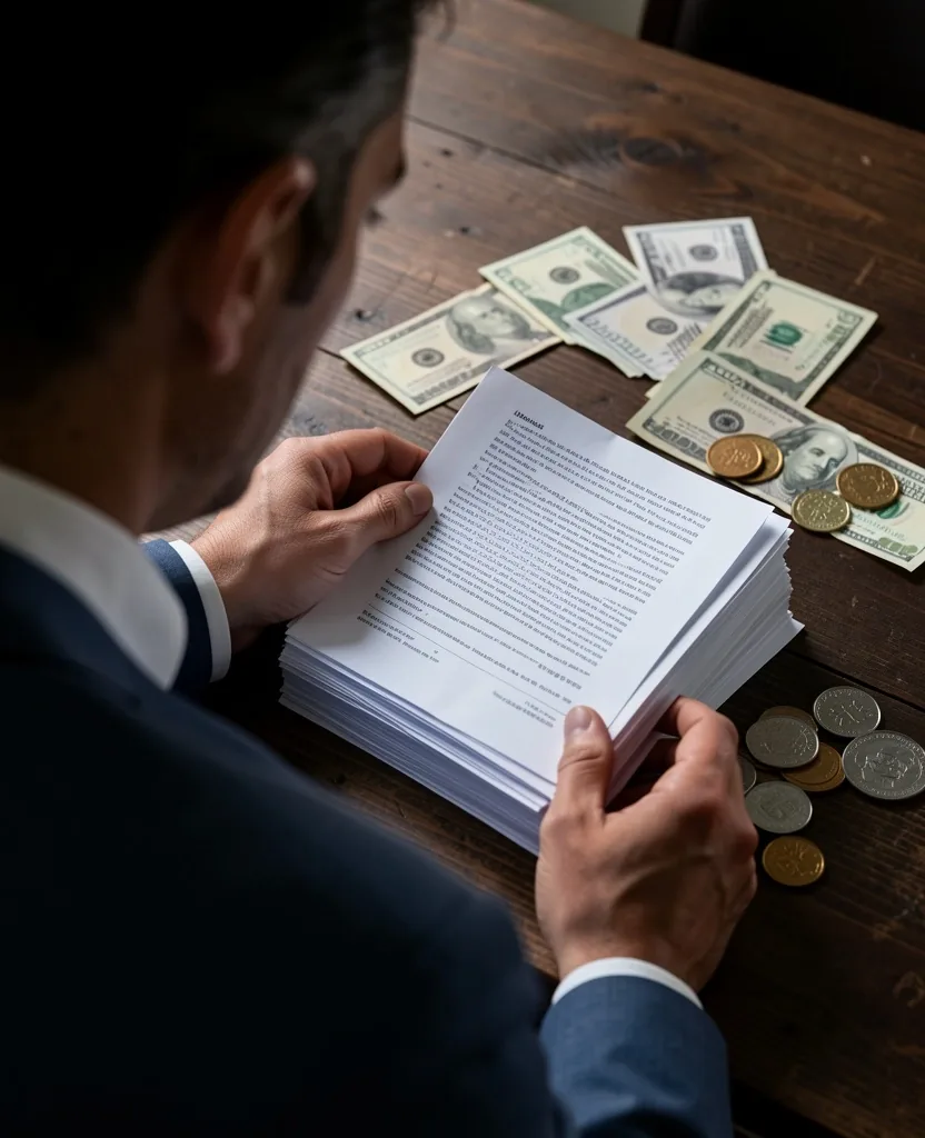 Persona analizando documentos financieros con billetes