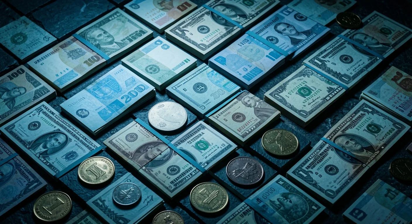 Primer plano de billetes argentinos organizados en patrón geométrico