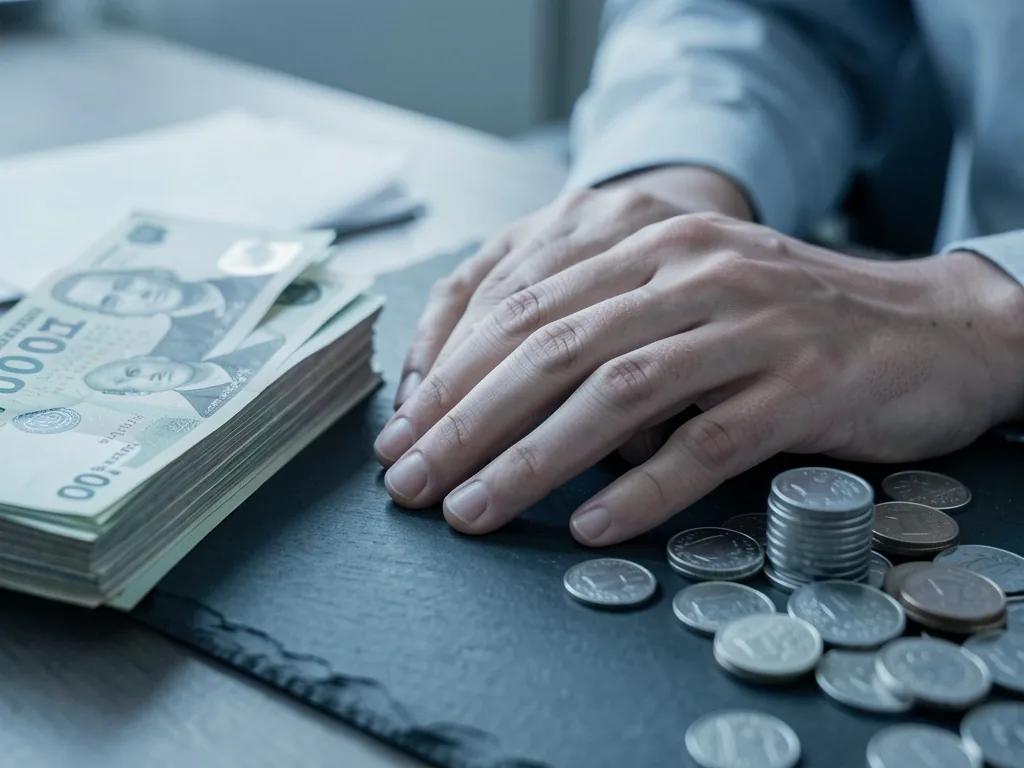 Persona en calma junto a dinero ahorrado representando tranquilidad financiera