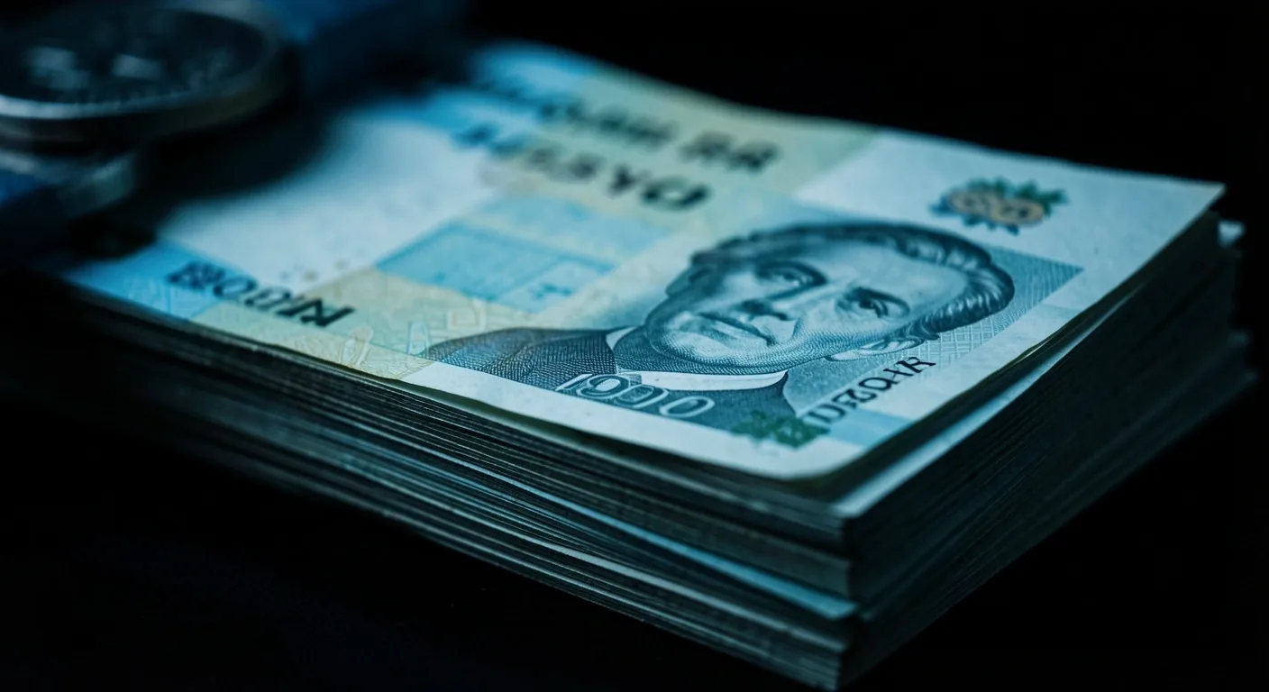 Billetes argentinos apilados en penumbra