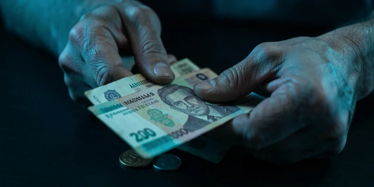 Manos sosteniendo billetes argentinos en penumbra