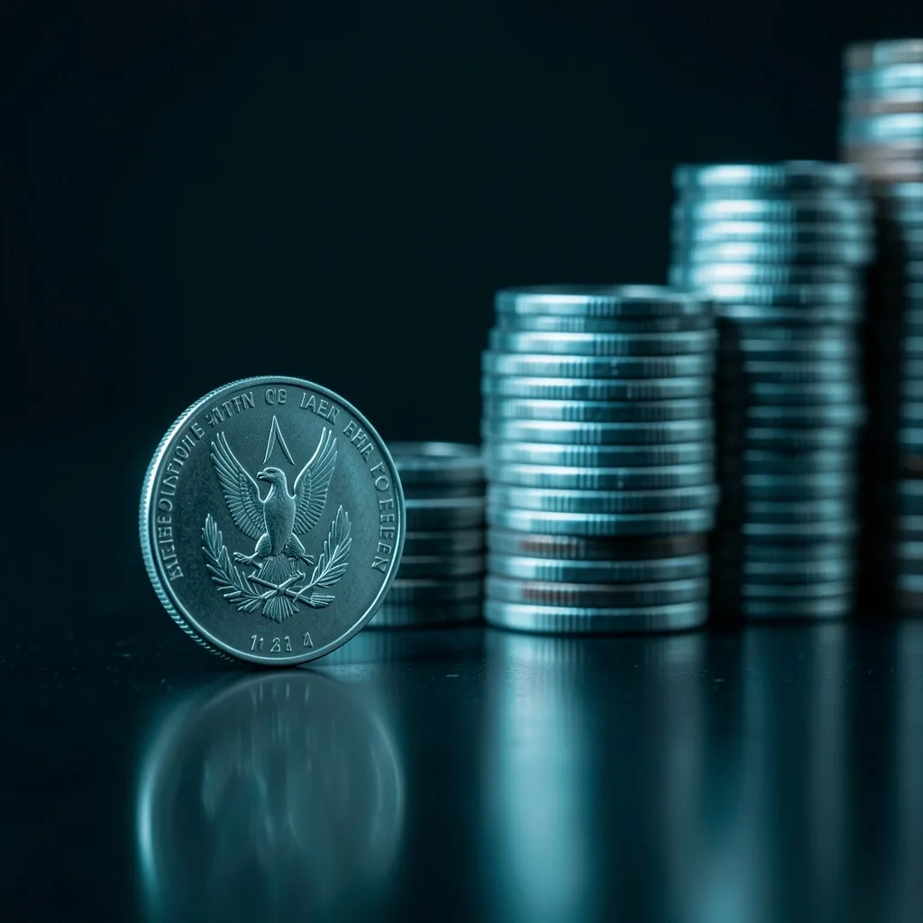 Moneda argentina sobre superficie oscura con rollos de monedas