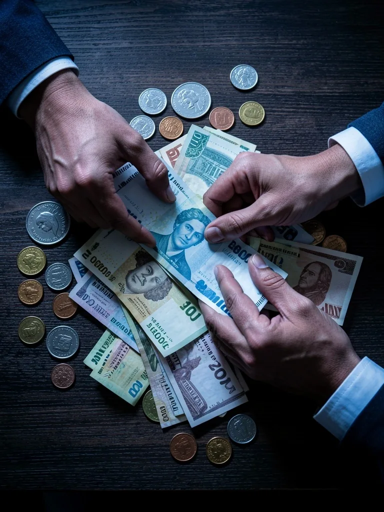 Manos contando billetes argentinos sobre un escritorio