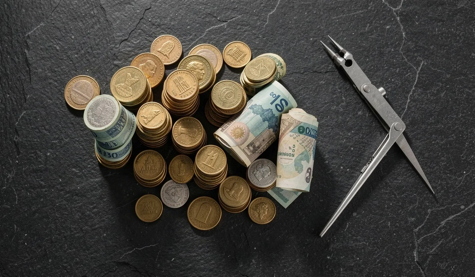 Billetes argentinos y dólares organizados sobre superficie oscura