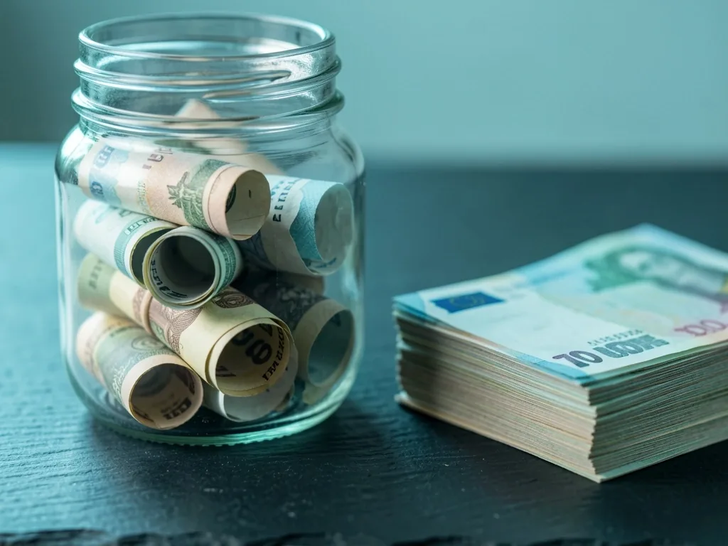 Fondo de emergencia con dólares y pesos argentinos en un frasco de vidrio