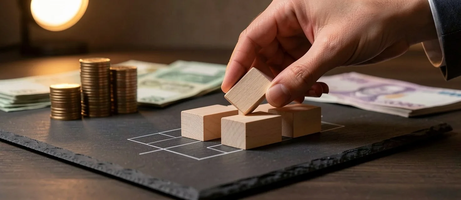 Mano colocando pieza final de un modelo estructural sobre mesa oscura