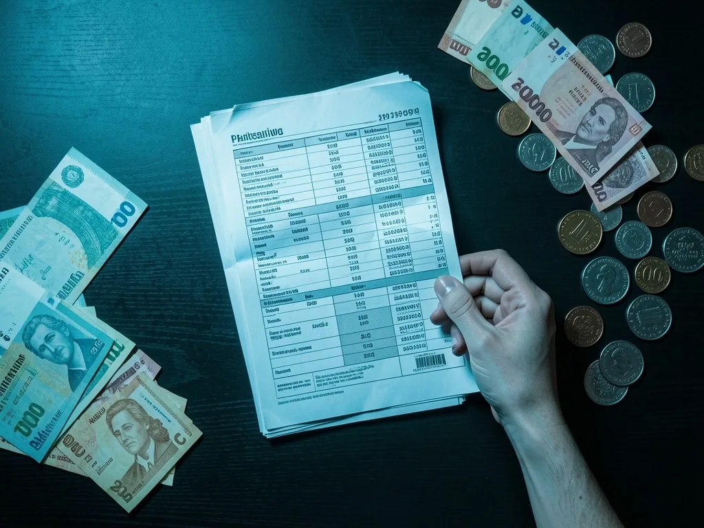Manos revisando extractos bancarios sobre un escritorio oscuro