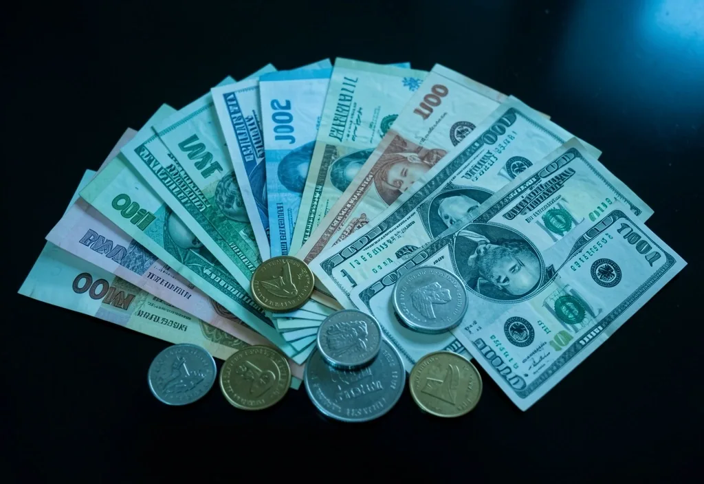 Billetes de distintas monedas sobre superficie reflectante