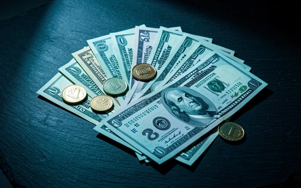 Billetes y divisas sobre superficie oscura