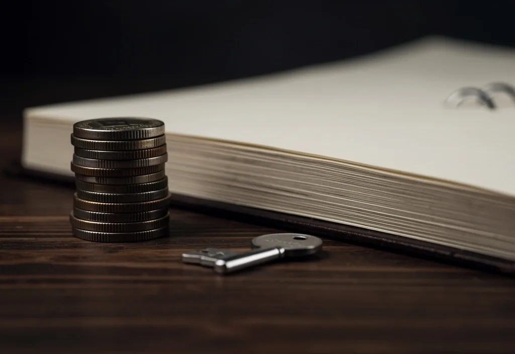 Escritorio con billetes y libreta sobre superficie oscura