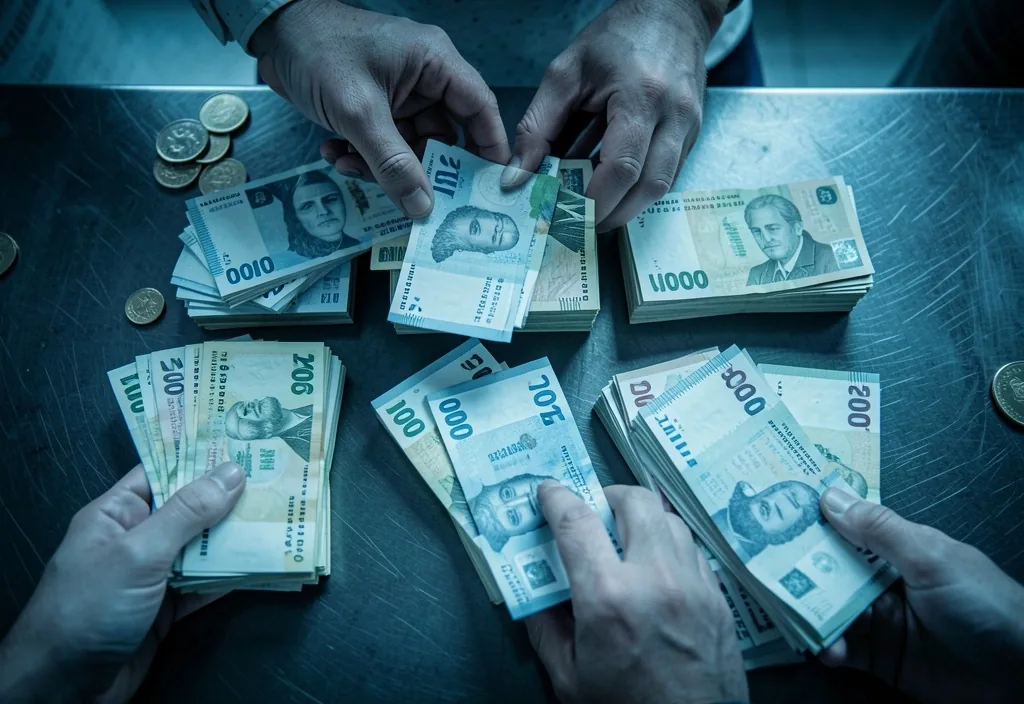 Manos contando billetes sobre superficie metálica