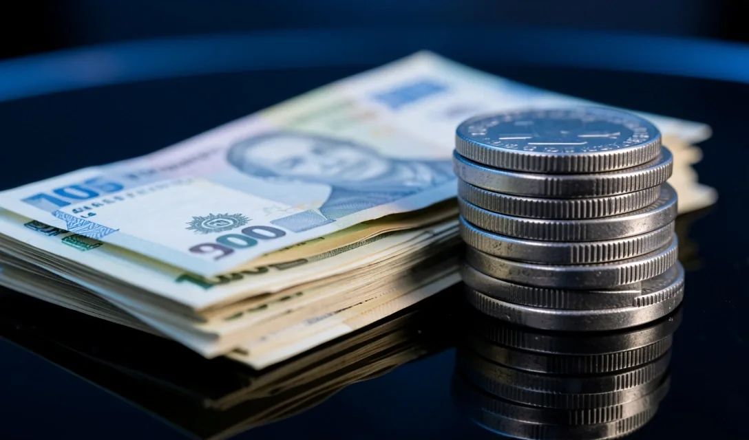 Billetes argentinos sobre superficie de vidrio