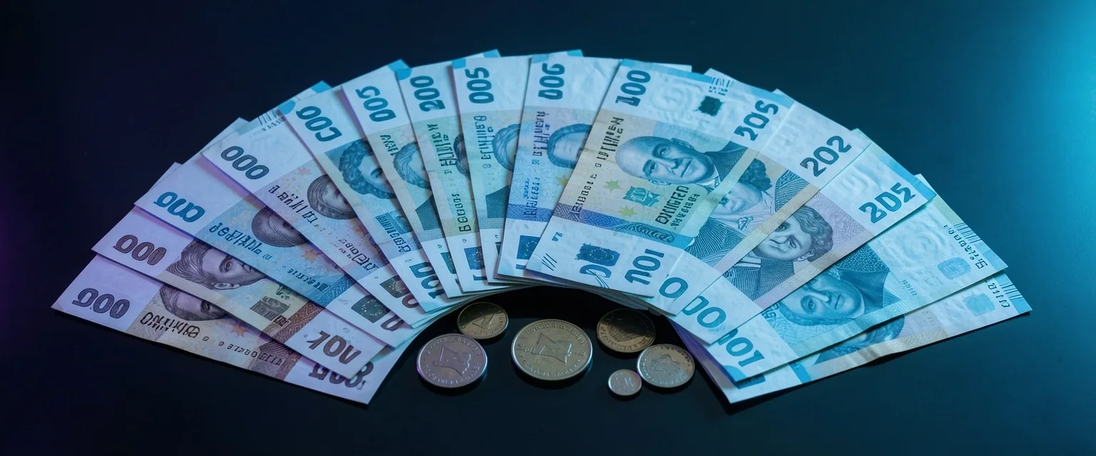 Billetes argentinos con iluminación cyan
