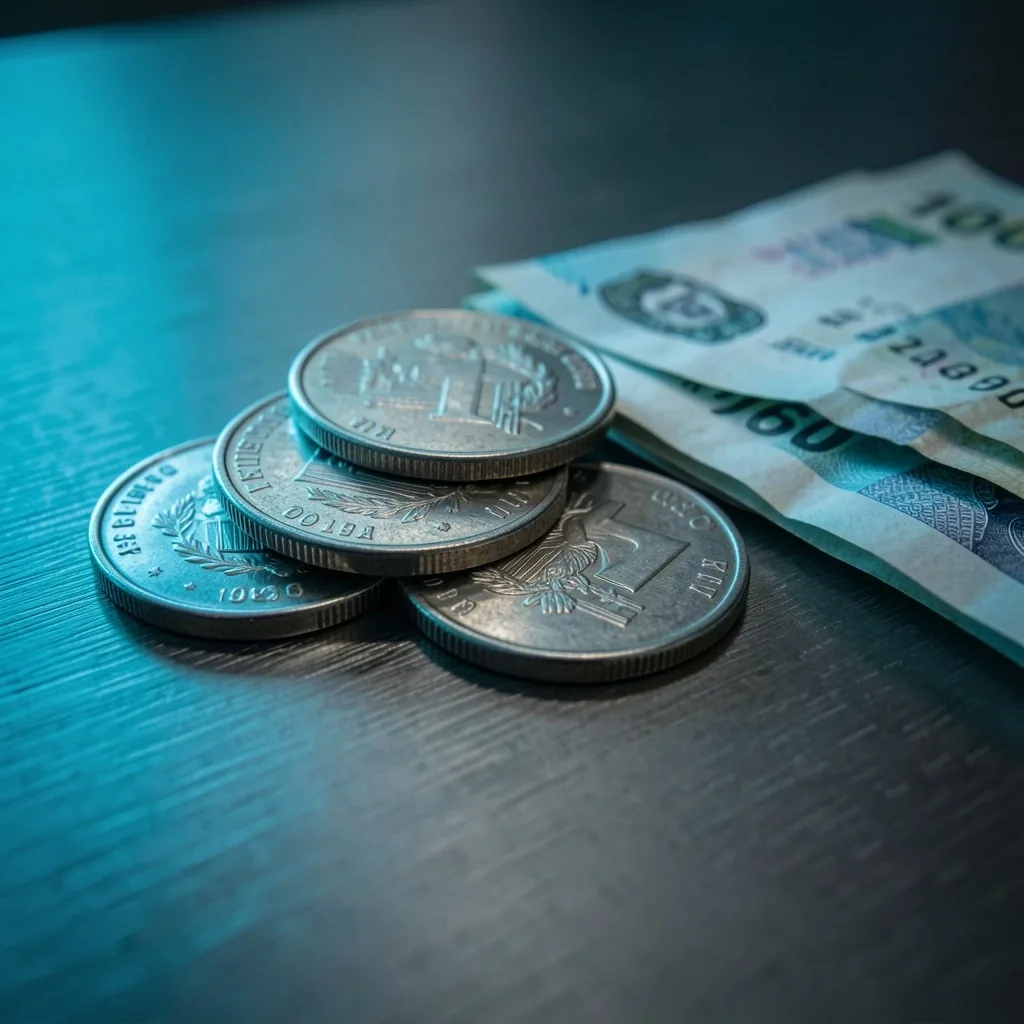 Monedas y billetes sobre superficie metálica